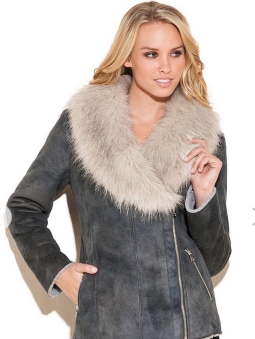 GUESS Faux-Shearling Asymmetric Moto Coat Gray & Beige